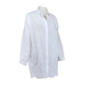 Camisa de dormir National blanca 100 % algodón ojales manga larga botón delantero mediana - Imagen 1 de 9