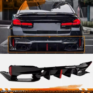 For BMW G30 G38 Gloss Black Big Fin M5 Style LED Rear Bumper Diffuser Kit 17-23 - Picture 1 of 5