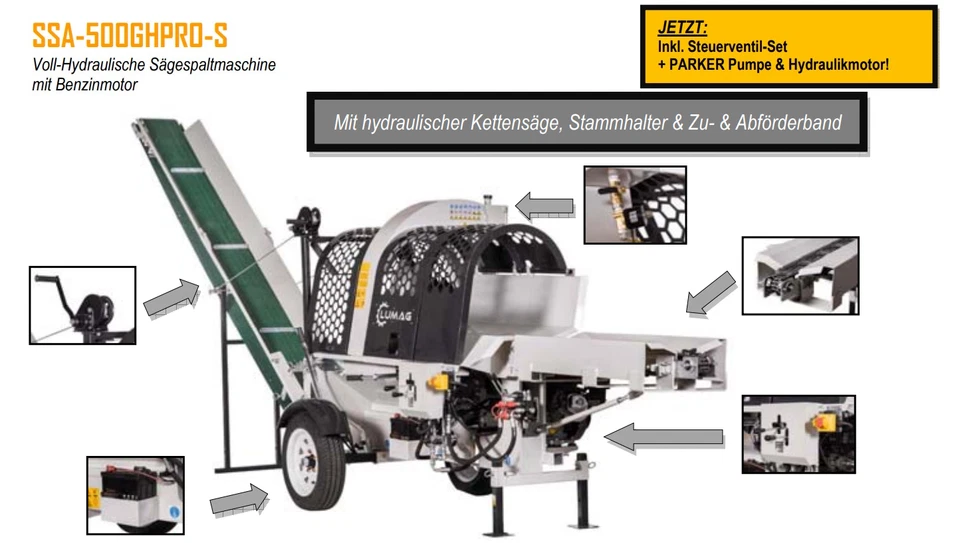 Lumag hydraulischer Sägespaltautomat SSA500GH-PRO/S mit Benzinmotor Förderkette