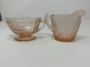 AH Cherry Blossom & Sunflower Pink Depression Glass Sugar and Creamer Footed - Picture 1 of 6