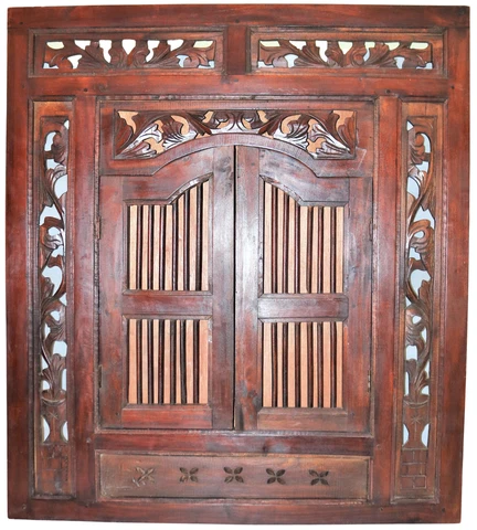 Vintage Large Hand Carved Teak Wall Hanging Window Mirror Frame w/ Shutter Doors Cover