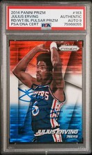 Julius Erving 2014 Panini Prizm Red White Blue Pulsar Card #163 Auto PSA 9
