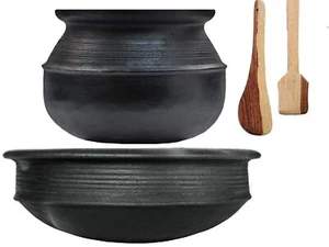 Unglazed Terracotta Clay Pottery Mud Pot/Earthen Handi Kadhai Combo 3 L & 2 L - Picture 1 of 6