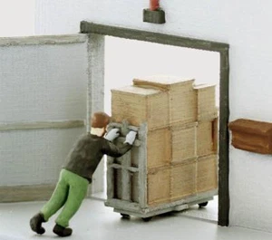 WAREHOUSE or Dock Worker busy pushing in a heavy loaded cart, S scale Finished - Picture 1 of 1
