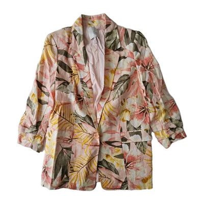 Blazer Joie Mujer Talla 2 Rosa Floral 100% Lino Acanalado Manga 3/4 Botón Chaqueta Foto 1 de 4