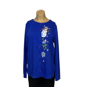 Quacker Factory Women's Large (14/16) Blue Cardigan Sweater - Snowman Holiday - Picture 1 of 7