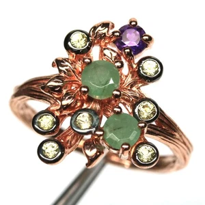 925 Silver Green Emerald, Amethyst & Peridot Handmade Two Tone Ring Size 6.5 - Picture 1 of 4