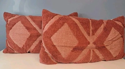 Lot Of 2 Chenille Lumbar Pillows Coral Geometric - Image 1 of 4