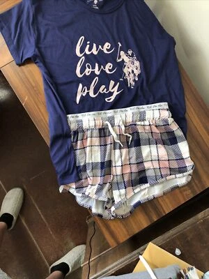 U.S. Polo Assn. Jrs Blue/Plaid 2pc Top/Shorts Lounge Pajama Sleep Set, Med - Image 1 of 4