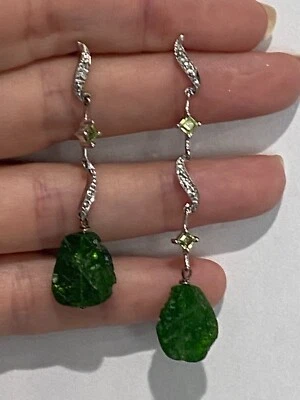 Genuine Peridot & Raw Jade Slab Asymetrical Freeform Dangle Earrings 925 Silver - image 1 of 4