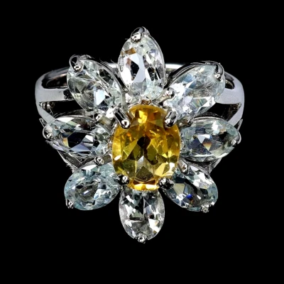 ANILLO AGUAMARINA NATURAL Y CITRINO PLATA DE LEY .925 14K WGP TALLA 7.5 Foto 1 de 3