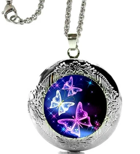 Blue Purple Butterfly Locket Pendant Necklace on 24" Stainles Steel Chain - Picture 1 of 3