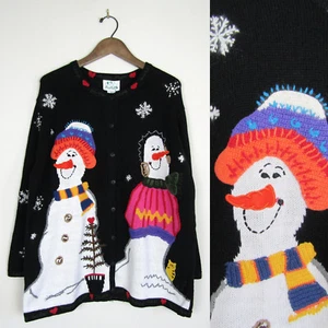 New QUACKER FACTORY SNOWMAN CHRISTMAS SWEATER Embellished Black Winter NWT Sz 1X - Picture 1 of 12