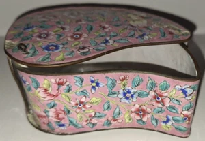 VTG ANTQ CHINESE CANTON 4.5" ENAMEL ON COPPER SWIVEL PEACH BOX PINK FLORAL - Picture 1 of 13