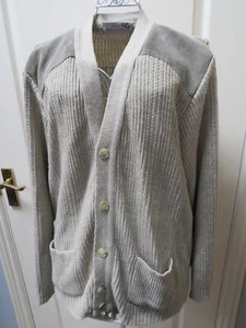 Marks & Spencer Men's Vintage Cardigan Size M Beige Mod 80s Suede Patch Pockets - Picture 1 of 3
