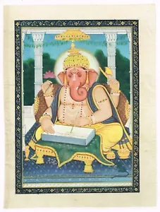 Religious Painting Of Lord Ganesha Writing Fine Art On Silk Cloth 9x11 Inches - Picture 1 of 6