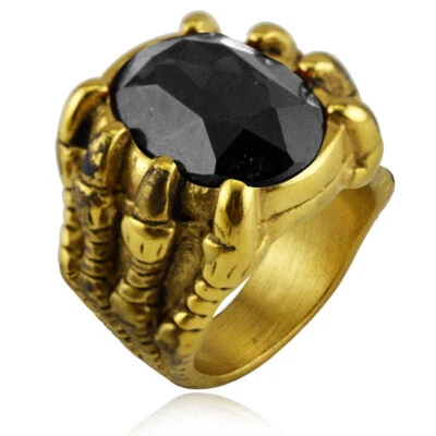 Anillo retro garra de dragón negro ovalado circonita cúbica acero inoxidable para hombre anillo punk chapado en oro Foto 1 de 3