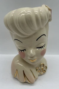 Vtg Retro MCM Glamour Girl Lady Head Vase Pink Dress Gold Lips 6 3/8” Marked Z3 - Picture 1 of 8