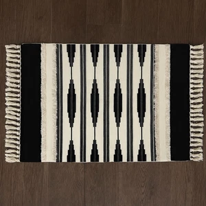 Vintage Handarbeit Schwarz Teppich Boho Geometrisch Carpet Baumwollmischung Spanien 35x23'' - Bild 1 von 2