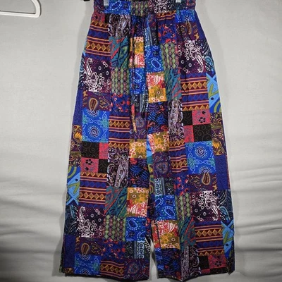 Palazzo Harem Pants Festival Patchwork Elastic Waist Drawstrings Large WideLeg L - Image 1 of 4