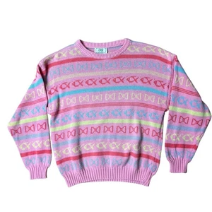 Girls Size 12 Benetton Sweater Fairy Kei Kawaii Pastel Bows Fish 90s Italy - Picture 1 of 4