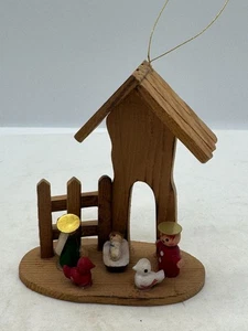 Vintage Wood Nativity Scene Ornament with Miniature Painted Figures Birds Christ - Picture 1 of 7
