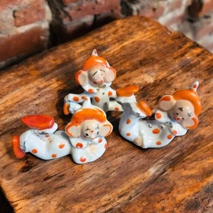 3 Vtg Big Eared Happy Clown Figurines White Orange Polka Dot Kitschy MCM Japan - Picture 1 of 9