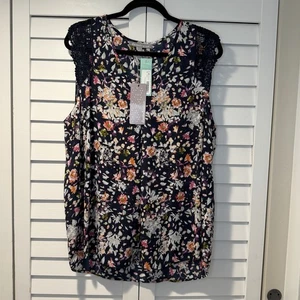 Blusa Daniel Rainn Floral Sin Mangas Nueva con Etiquetas XL Azul Marino Crochet Encaje - Imagen 1 de 12