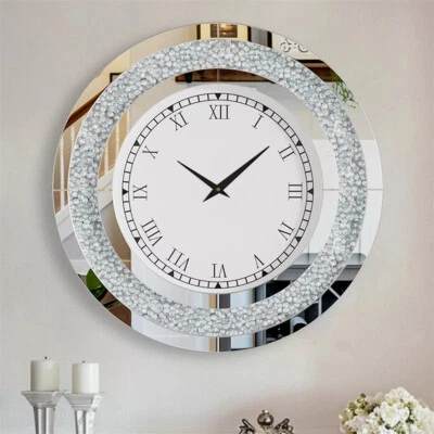 60/80CM Large Mirrored Clock Sparkle Crush Diamond Wall Clock Living Room Kitche - image 1 of 4