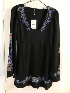 NWT FREE PEOPLE Black Comb Embroidered Festival Mini Dress2 $168 Folk Boho D96 - Picture 1 of 3
