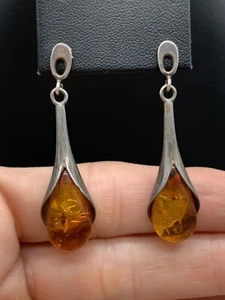Vintage Danish Mid Century Modern Sterling Silver Baltic Amber Drop Earrings L3 - Picture 1 of 11