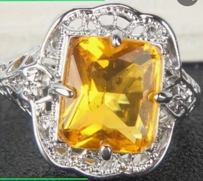 Moda Anillo Corte Princesa Circón Amarillo Imitación Plata Talla 8 Foto 1 de 2