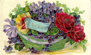 Postal de Best Wishes. Enorme cesta surtido de flores coloridas. En relieve. Publicado. - Imagen 1 de 2