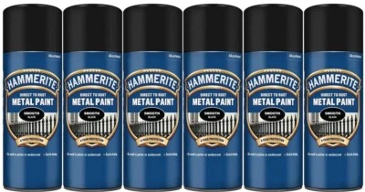 6 x Hammerite BLACK 400ml Direct To Rust Smooth Quick Drying Spray Paint - Image 1 of 4