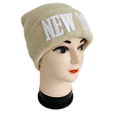 男式女式纽约冬季针织毛皮衬里无檐帽淡米色 — 第 1/4 张图片