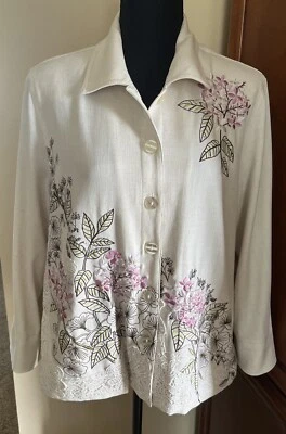 Chaqueta Blusa Vintage Draper’s & Damon’s Petite Bordada Blanca Floral PL Foto 1 de 3