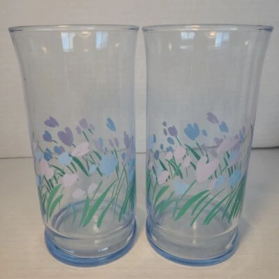 Vasos vintage Libbey Springtime Glass púrpura y azul flores enfriador de verano 16 oz Foto 1 de 4