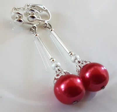 OHRCLIPS CLIPS VERSILBERT 12 mm ROTE  PERLEN - Bild 1 von 2