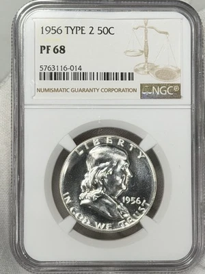 1956-P 50c Franklin Half Dollar T2 NGC PF68 PR68 Silver Type 2 US Coin PROOF - Image 1 of 4