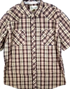 Coastal-Mens Short Sleeve Western Pearl Snap Shirt-2XL XXL-Brown Plaid-Casual - Picture 1 of 7