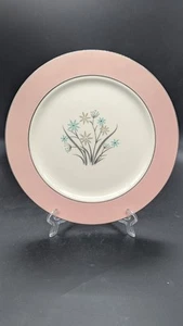 Homer Laughlin Porzellan Speiseteller rosa Band Silberrand blau & grau Blumen - Bild 1 von 6