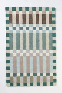 Blue Taupe Hand Tufted Area Rug 5x8 Modern Geometric Checkered Pattern Soft - Picture 1 of 3