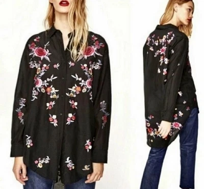 Blusa Boho Zara Floral Bordada Túnica Botón Frontal Talla L Negra Flor Foto 1 de 4