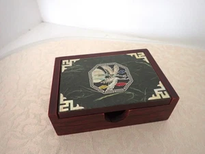 Small Wood Inlay Box Card Holder Inlay Mother Of Pearl Cranes Birds Lid Asian - Picture 1 of 5