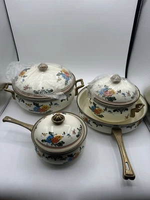 Vtg 7 Piece Dutch Oven Enamel & Brass Cookware Set Floral Kamenstein NEW - Image 1 of 4
