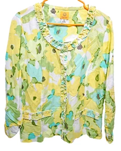 Ruby Rd  ♈Woman's Embellished Printed Snap up jacket  size 14~Yellow/green/aqua - Picture 1 of 3