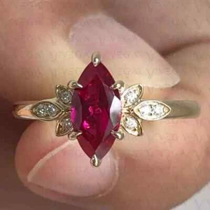 14K Yellow Gold Over 2.18 CT Marquise Cut Ruby & Diamond Engagement Prong Ring - Picture 1 of 8