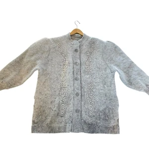 VTG Lee Sands Angora Cardigan Sweater OS Plus Gray Embroidery Pearls Jacket Y2K - Picture 1 of 13