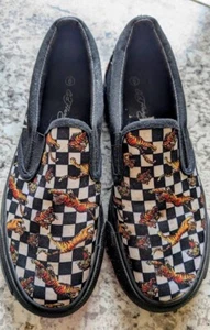 Ed Hardy Slip On Poppy Tiger Big Cat Canvas Shoes Women Sz 6 Checkerboard Loafer - Picture 1 of 8