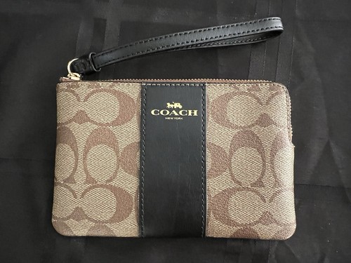 Coach Signature Polso in PVC Pelle Angolo Cerniera Medio Cachi nero Nuovo con etichette